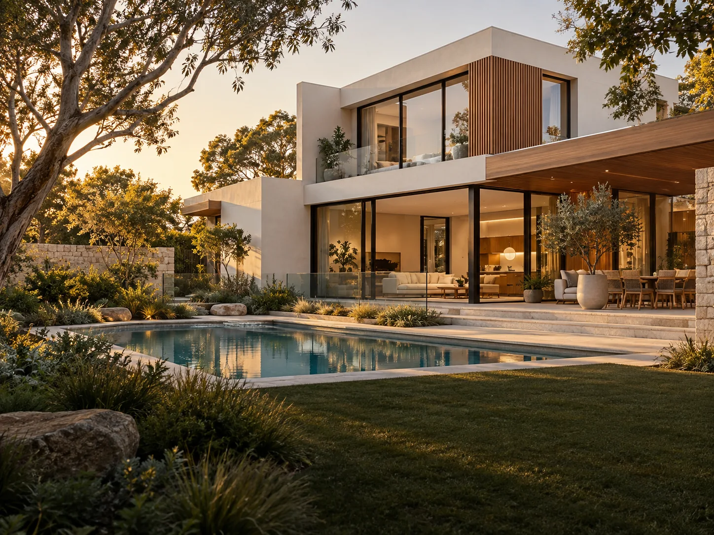 Contemporary timber and ivory residence overlooking a landscaped pool