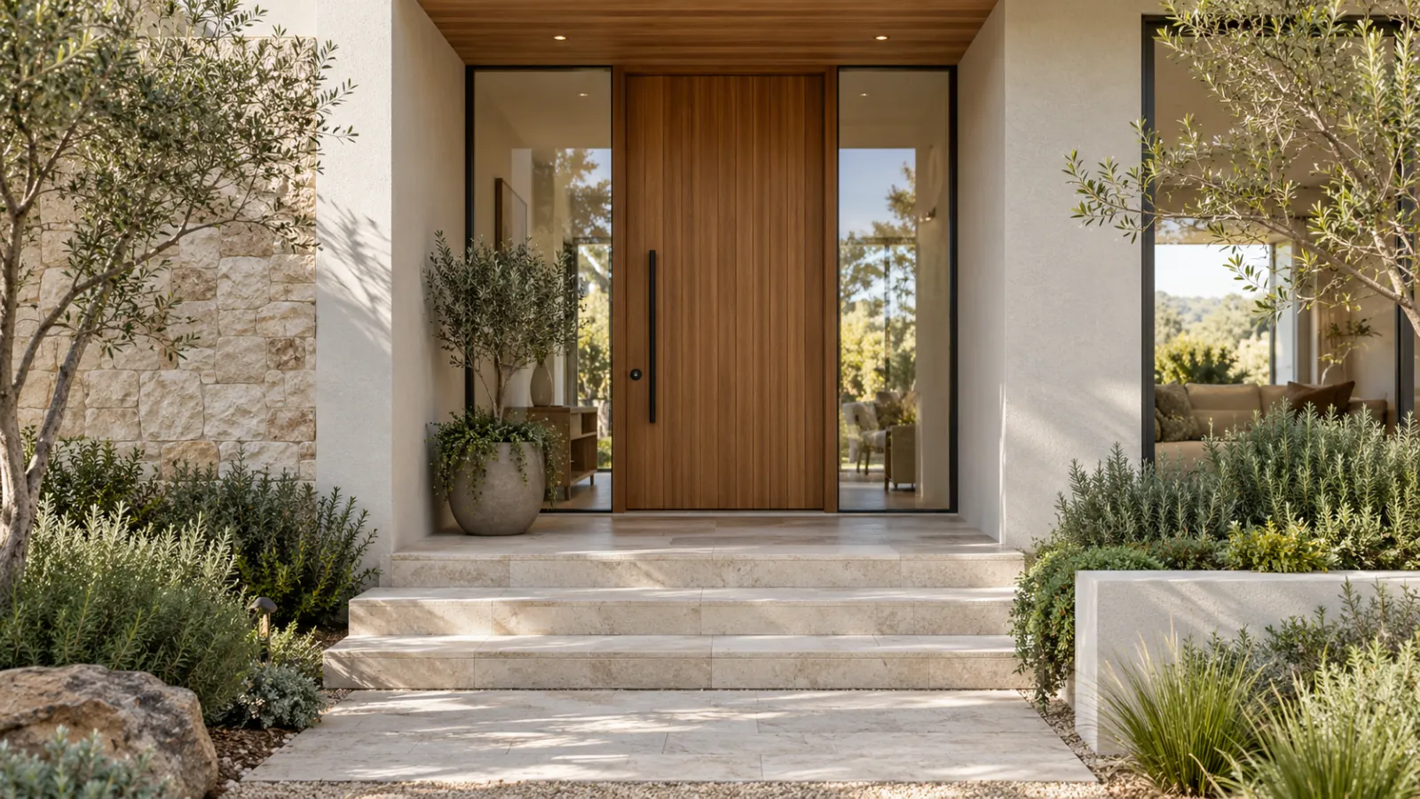 Timber front door framed by limestone steps and native landscaping