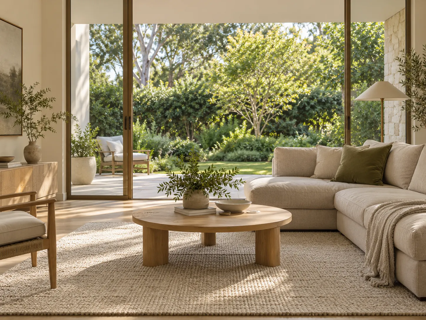 Warm living room with a linen sofa and leafy garden views